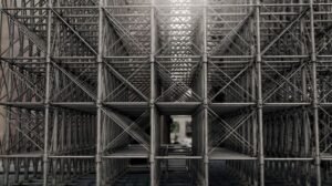 Modular steel scaffolding structure in urban construction site